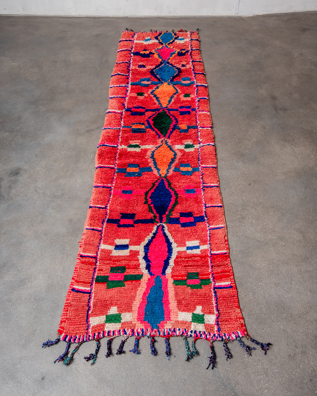 Modern, designer, handcrafted Berber runner rug from Morocco. Vintage carpet with beautiful colours and patterns and fluffy texture.